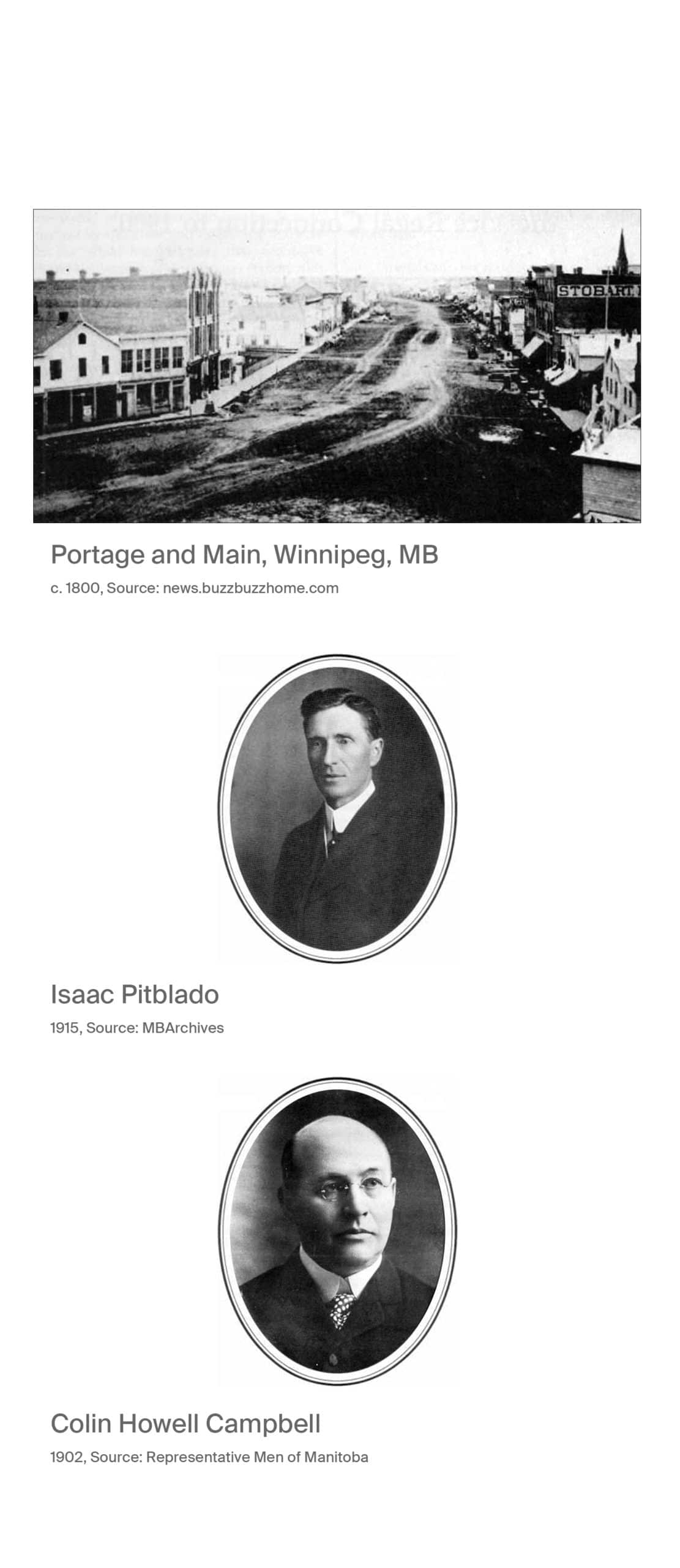 Portage and Main, Winnipeg, MB, circa 1800, source news.buzzbuzzhome.com. Isaac Pitblado 1915, source MB Archives. Colin Howell capbell 1902, Source Representative Men of Manitoba.