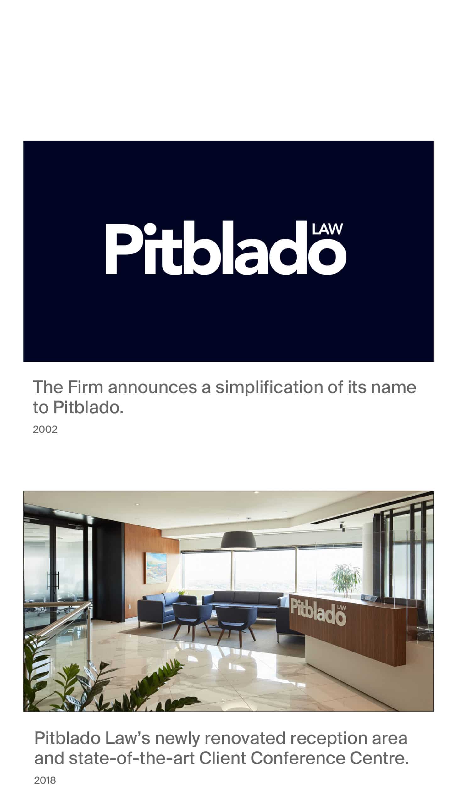 Pitblado announces simplification of its name in 2002 with new logo. Image 2, newly renovated office reception area and state-of-the-art Client Conference Centre.