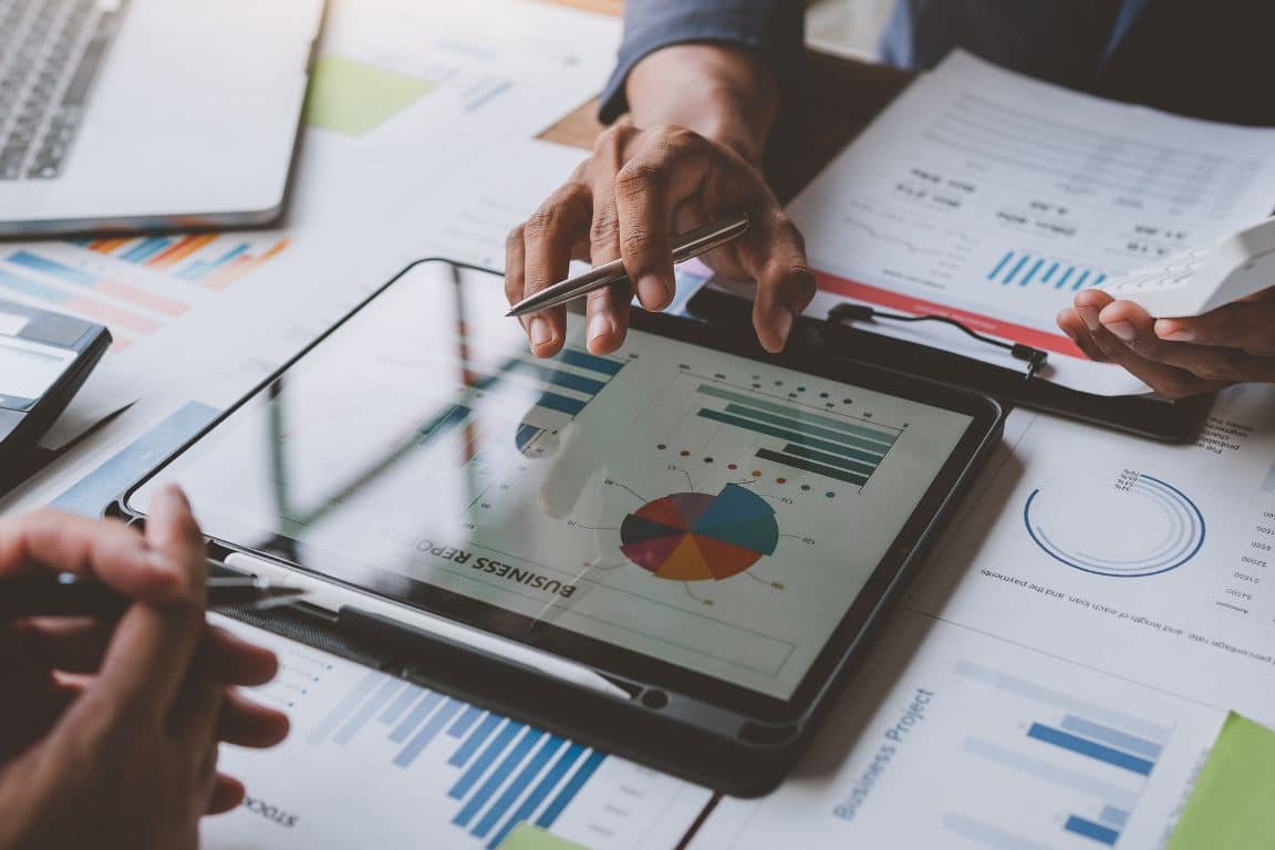 A tablet displaying graphs and charts.