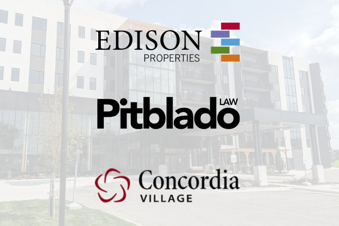 Logo wall of Edison Properties, Pitblado Law and Concordia Village.